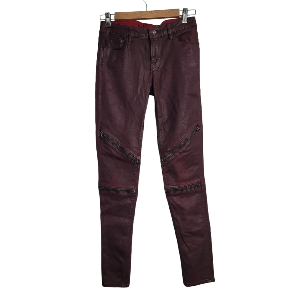 Cult of Individuality Moto Mid Rise Coated Burgundy Jeans size 26